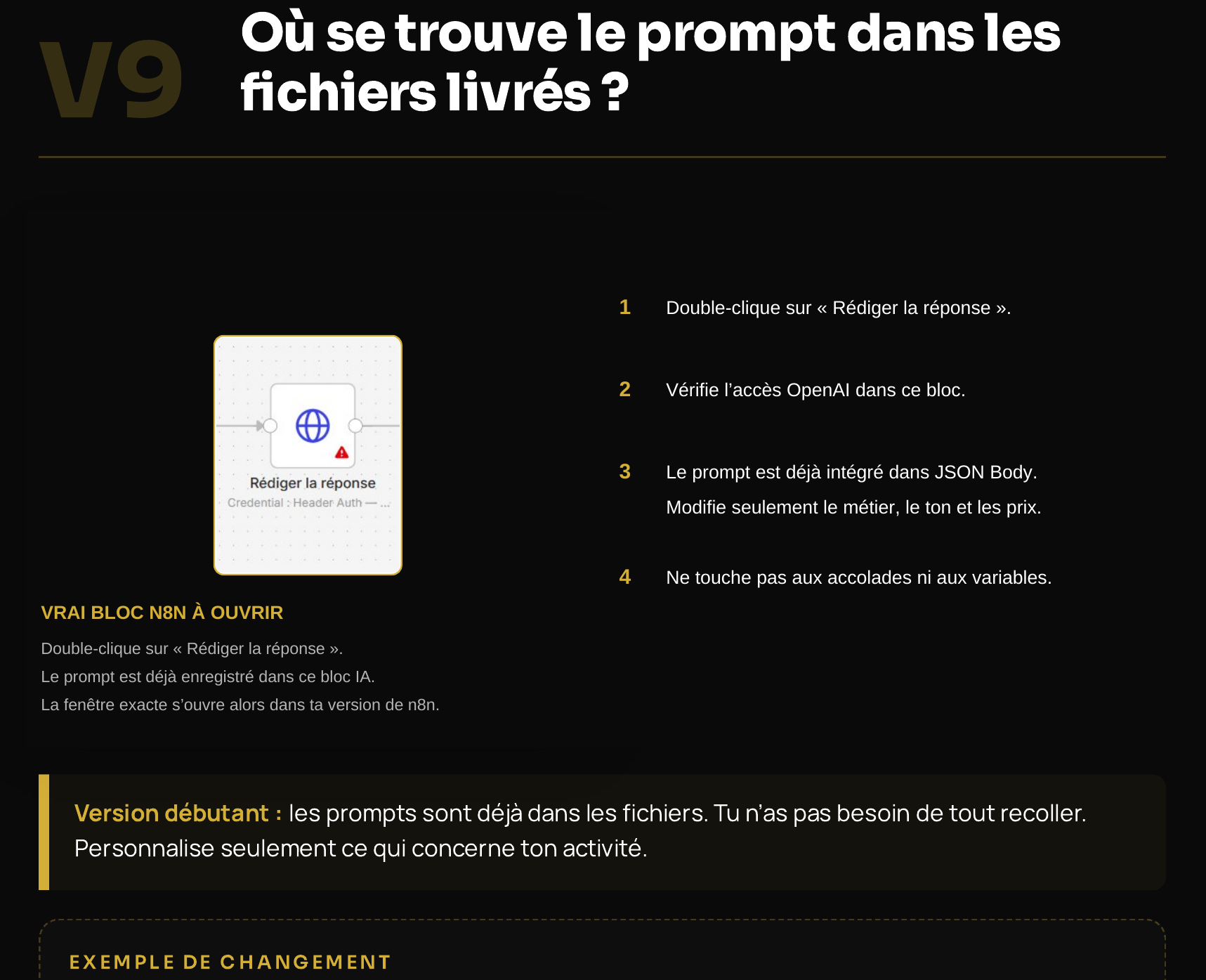 Page du guide montrant le vrai bloc n8n contenant le prompt