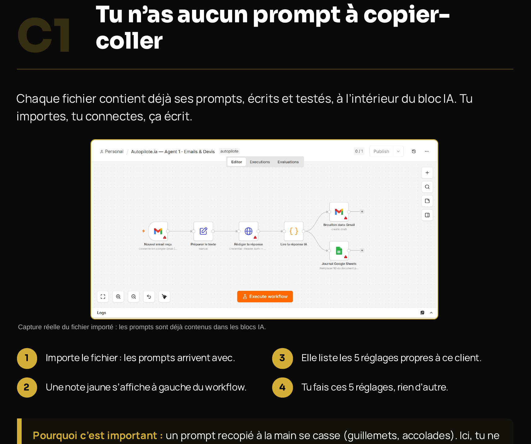 Page du guide expliquant que les prompts sont déjà inclus